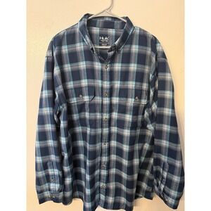 Huk Mens Plaid Long Sleeve Button Up Shirt Navy Blue Aqua XXL